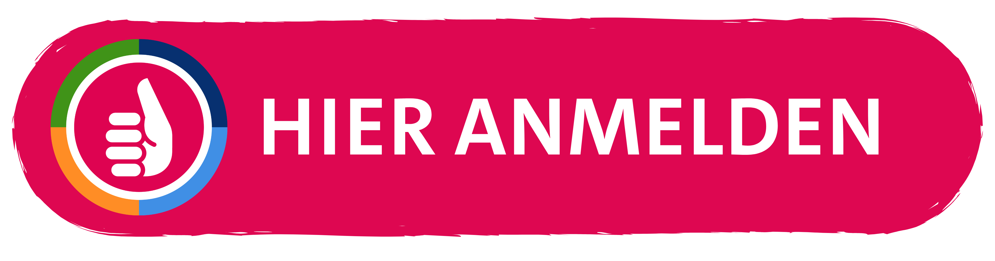 KI generiert: Das Bild zeigt einen großen roten Button mit dem Text "HIER ANMELDEN" und einem Daumen-hoch-Symbol.