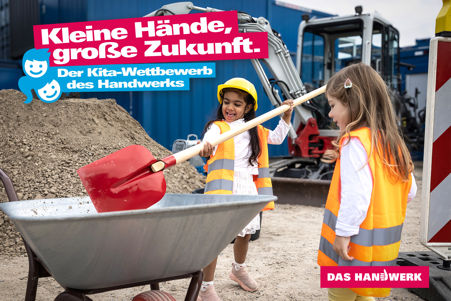 KI generiert: Das Bild zeigt zwei Mädchen in Arbeitskleidung, die an einem Wettbewerb teilnehmen, bei dem sie einen Betonblock mit einem Hammer bearbeiten, während im Hintergrund ein Transporter mit Werbung für den Wettbewerb steht.
