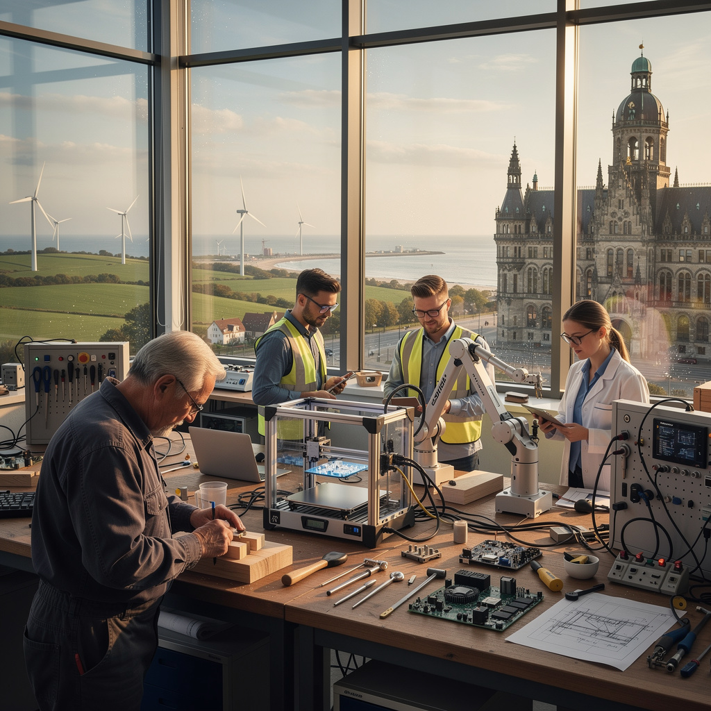 KI generiert: Ingenieure arbeiten in einem modernen Labor an technologischen Projekten, während im Hintergrund Windkraftanlagen und ein großes historisches Gebäude zu sehen sind.