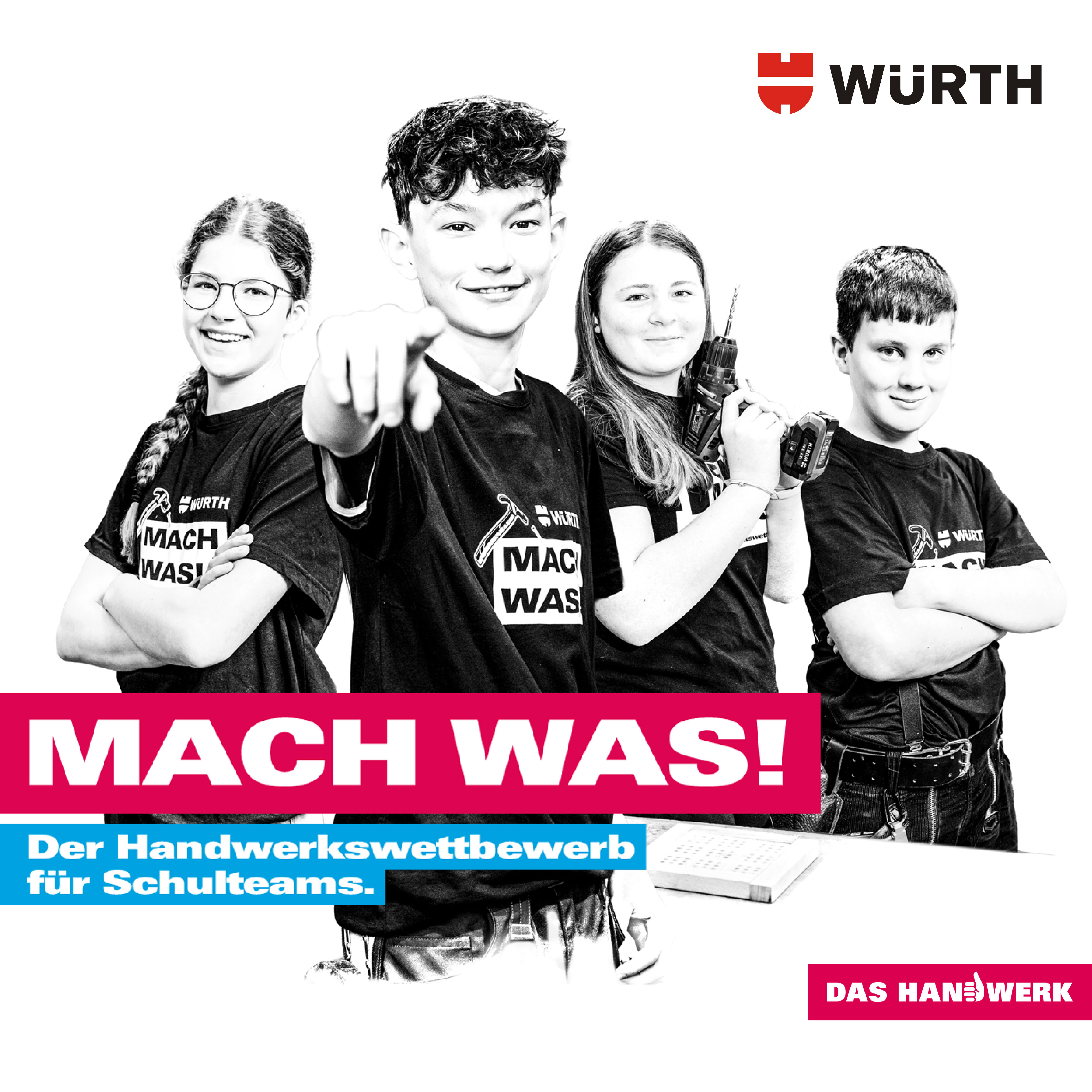 KI generiert: Das Bild zeigt eine Gruppe von Jugendlichen, die für einen Handwerkswettbewerb für Schulteams werben.