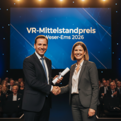 KI generiert: Zwei Personen schütteln sich lächelnd die Hand bei einer Preisverleihung, im Hintergrund steht "VR-Mittelstandspreis Weser-Ems 2026" auf einer Leinwand.