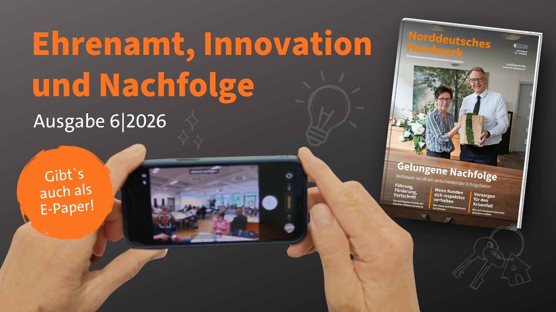 KI generiert: Das Bild bewirbt eine Zeitschrift mit dem Titel "Ehrenamt, Innovation und Nachfolge" sowie einem Smartphone, das eine Veranstaltung aufnimmt.