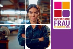 KI generiert: Das Bild zeigt eine Frau in Arbeitskleidung in einer Werkstatt mit der Aufschrift "Unternehmer Frau im Handwerk 2026".