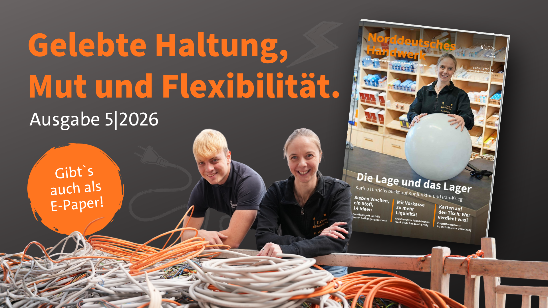 KI generiert: Das Bild zeigt eine Werbeanzeige für eine Handwerkszeitschrift mit dem Titel "Gelebte Haltung, Mut und Flexibilität" und einem Cover der Ausgabe, in der zwei Personen vor einer Vielzahl an Kabeln posieren.