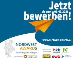KI generiert: Das Bild ist eine Werbeanzeige für die "Nordwest Awards" und ermutigt zur Bewerbung bis zum 06.03.2026.