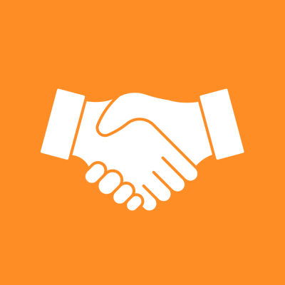 KI generiert: Das Bild zeigt ein Symbol von zwei Händeschütteln auf orangem Hintergrund.