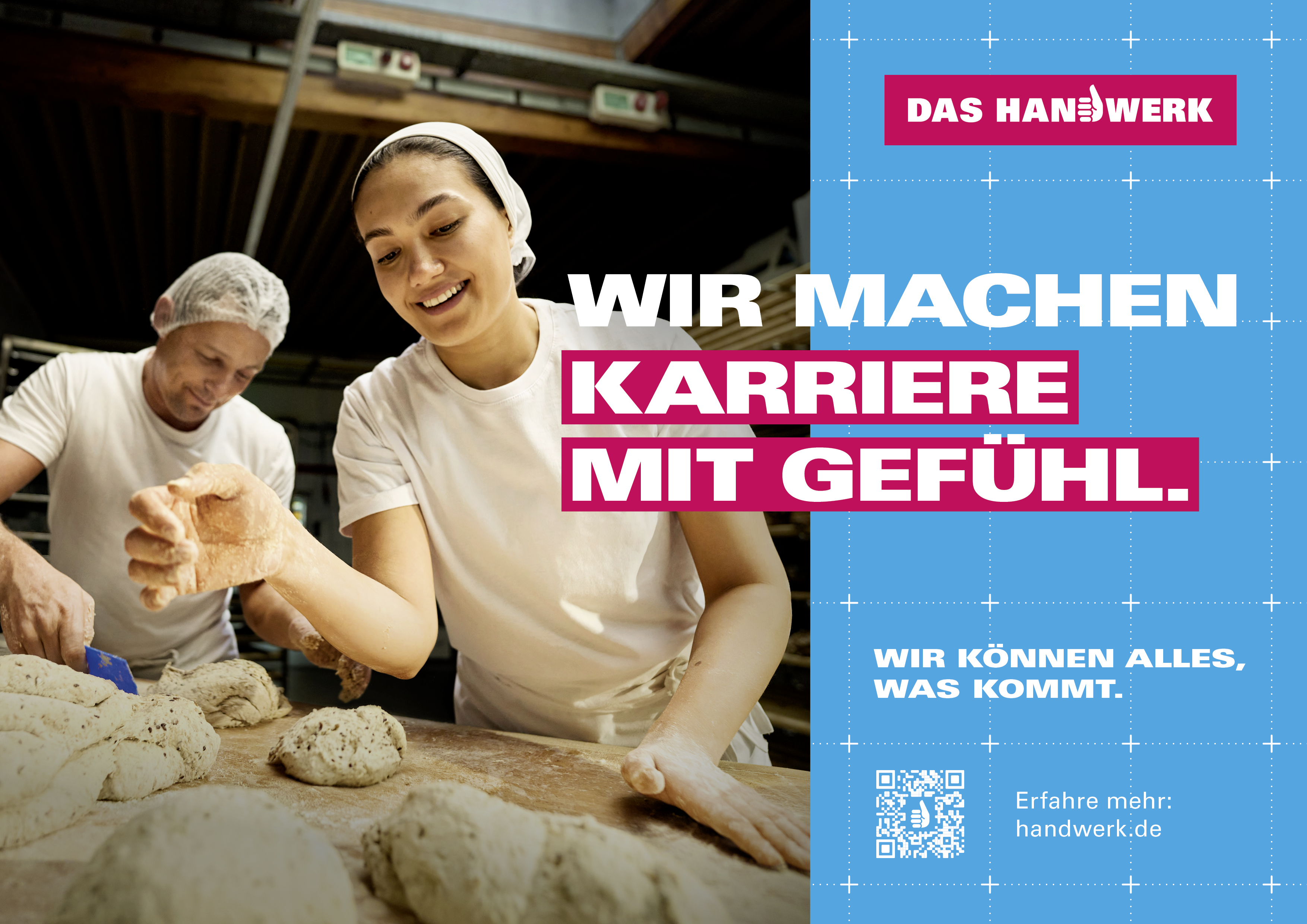KI generiert: Das Bild zeigt zwei Personen, die Brotteig kneten, mit dem Slogan "WIR MACHEN KARRIERE MIT GEFÜHL." im Kontext des Handwerks.