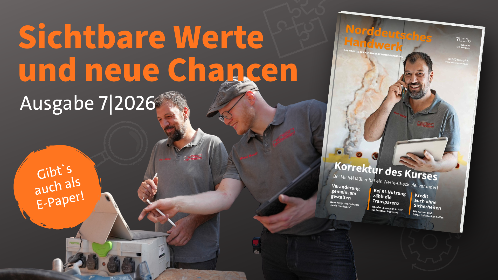 KI generiert: Das Bild bewirbt eine Zeitschrift mit dem Titel "Ehrenamt, Innovation und Nachfolge" sowie einem Smartphone, das eine Veranstaltung aufnimmt.