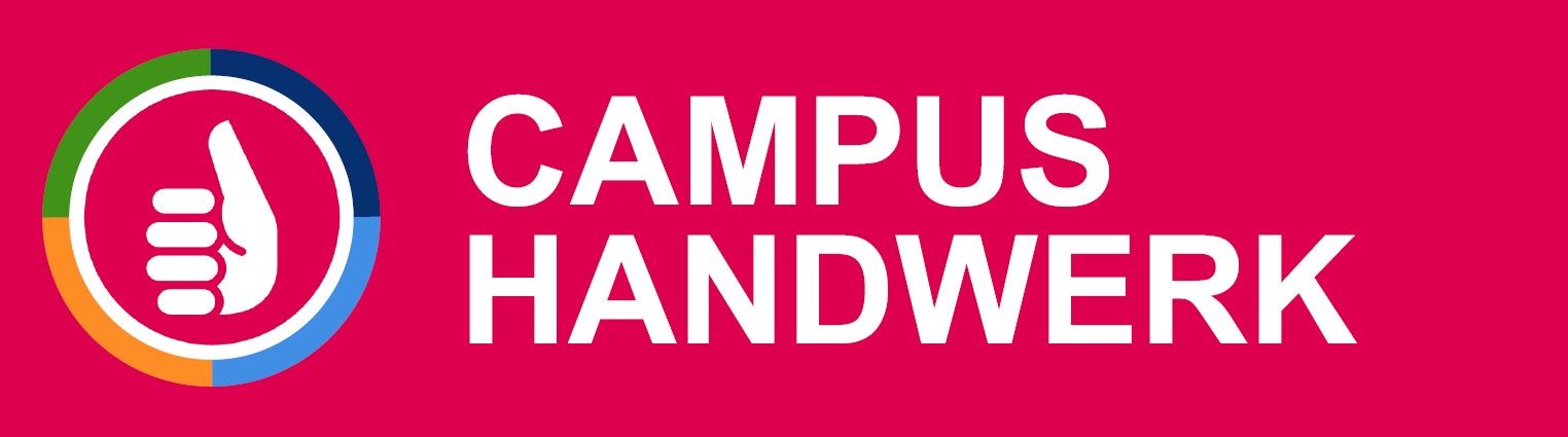 KI generiert: Das Bild zeigt ein Logo mit einem Daumen-hoch-Symbol und der Aufschrift "CAMPUS HANDWERK" auf rotem Hintergrund.